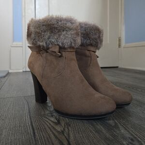 Brown Faux Fur Heeled Ankle Boots